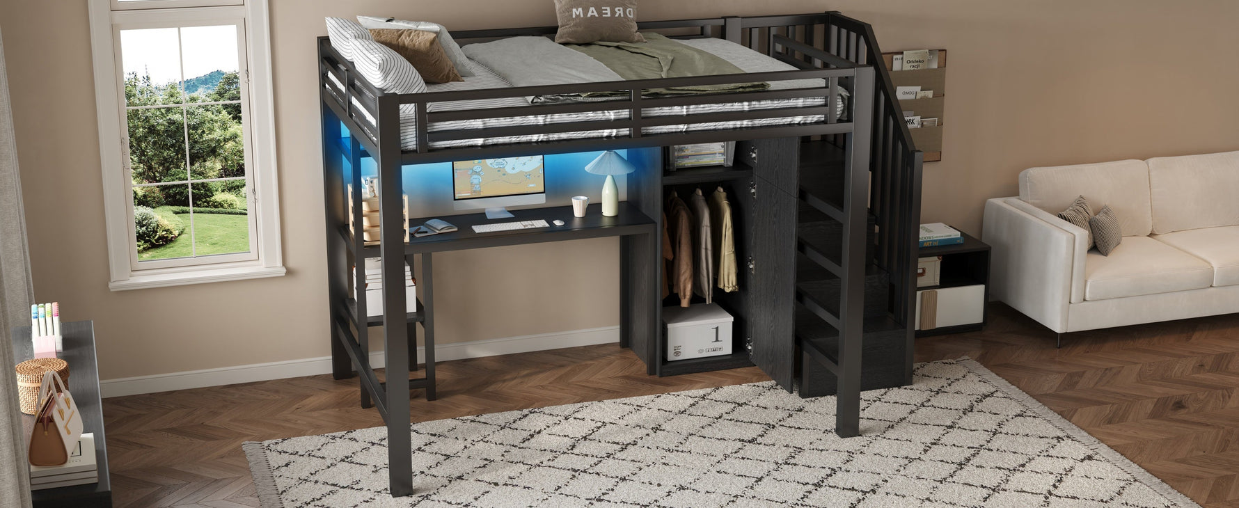 Metal Loft Bed with Desk, Shelf, Wardrobe and Storage Stairs, 140x200cm, Black Metal