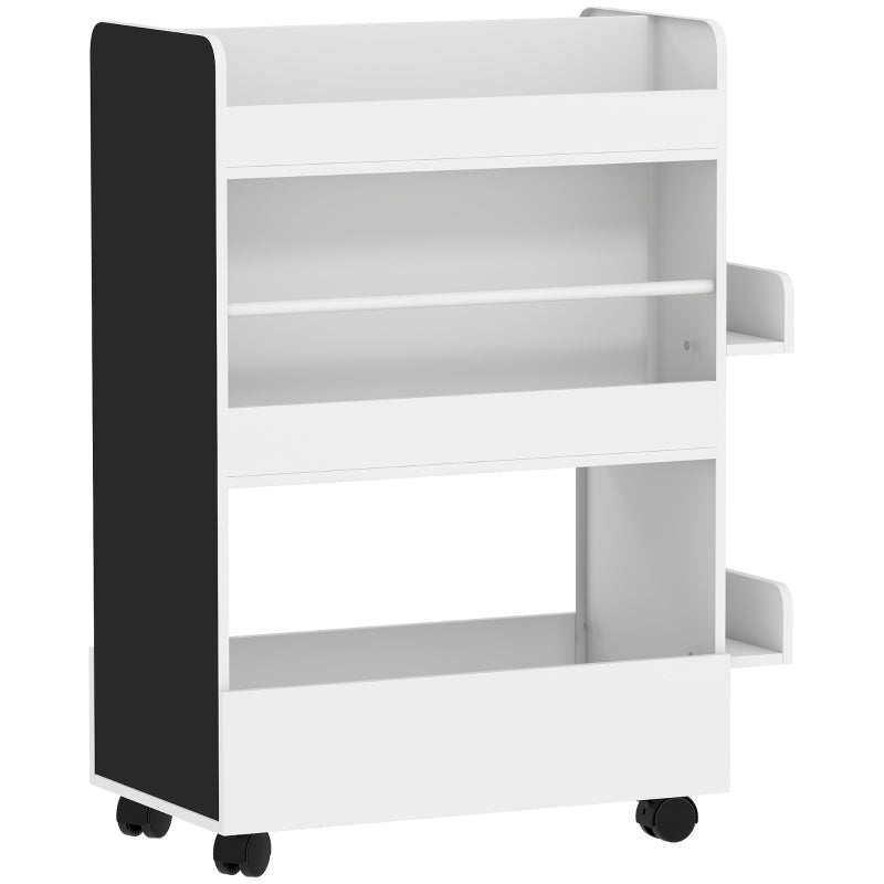 Children's Bookshelf 4 Shelves Chalkboard Wheels Storage White