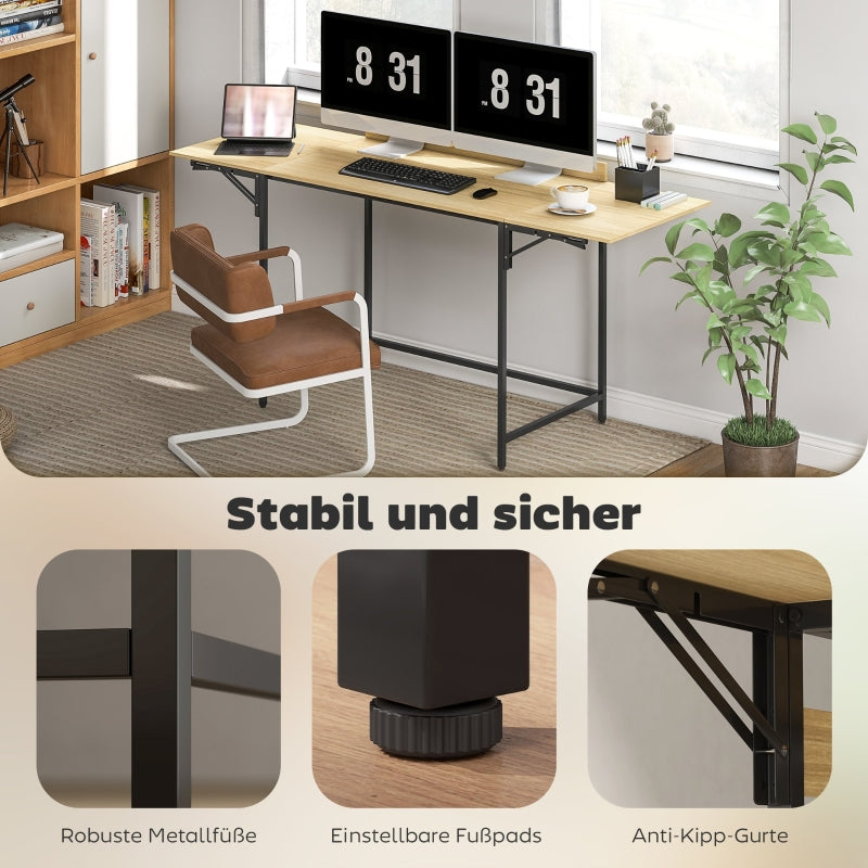 Folding Computer Desk with 2 Pull-out Panels and Sturdy Metal Legs, Oak+Black