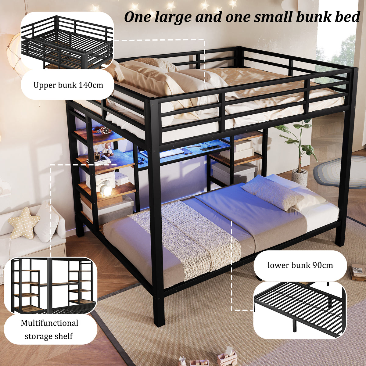 Bunk Bed 90/140x200 cm with Storage, USB & LED, Black Metal