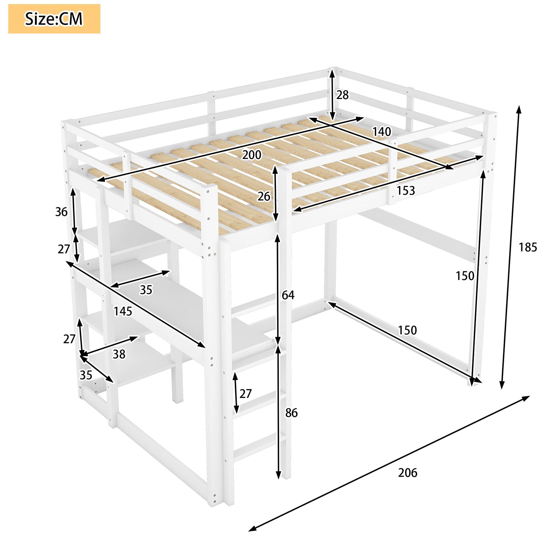 Loft Bed 140x200cm Storage Desk 4 Compartments - White Pine