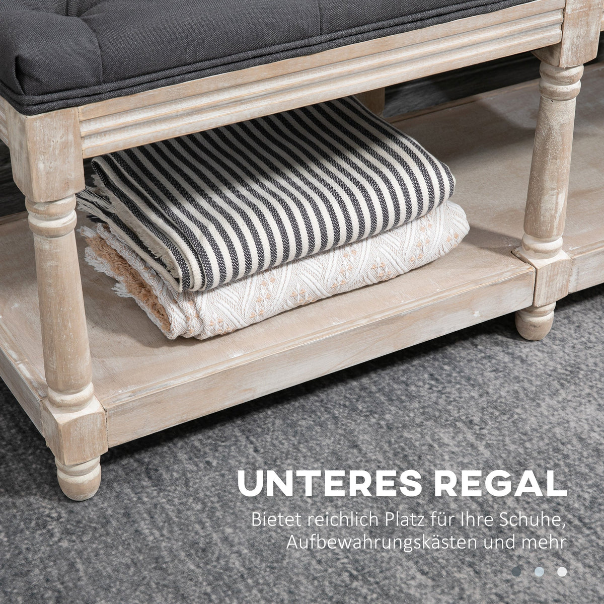 Shoe Bench with Storage, Upholstered, Wooden Legs, Grey Linen