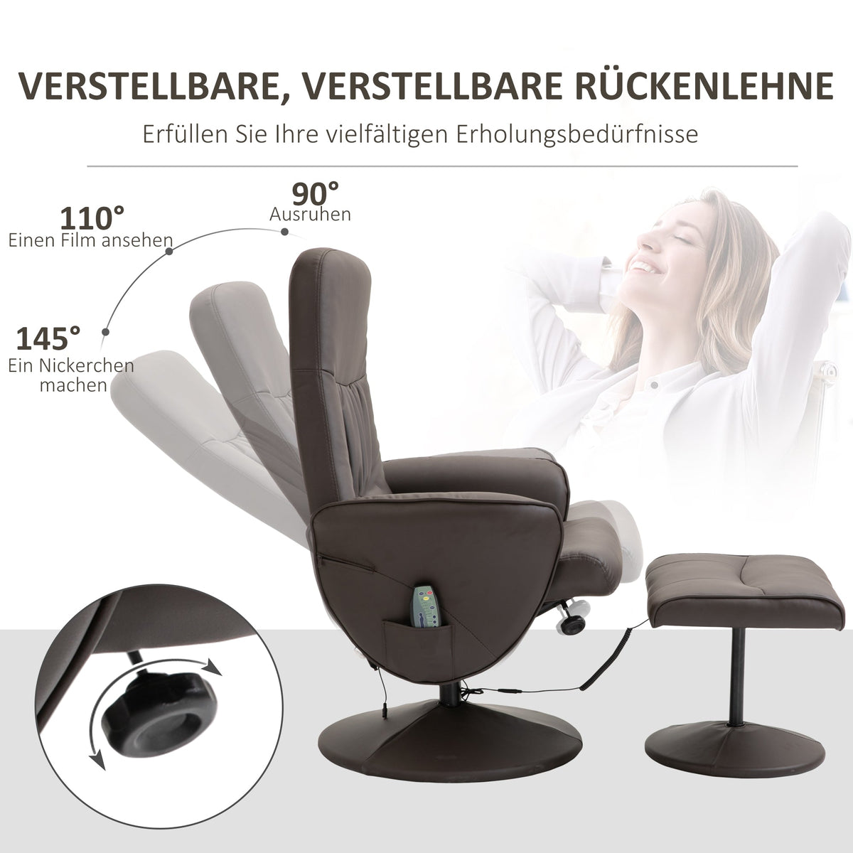 TV Armchair 2-piece Reclining 360° Swivel 10 Massage Points, Faux Leather Brown