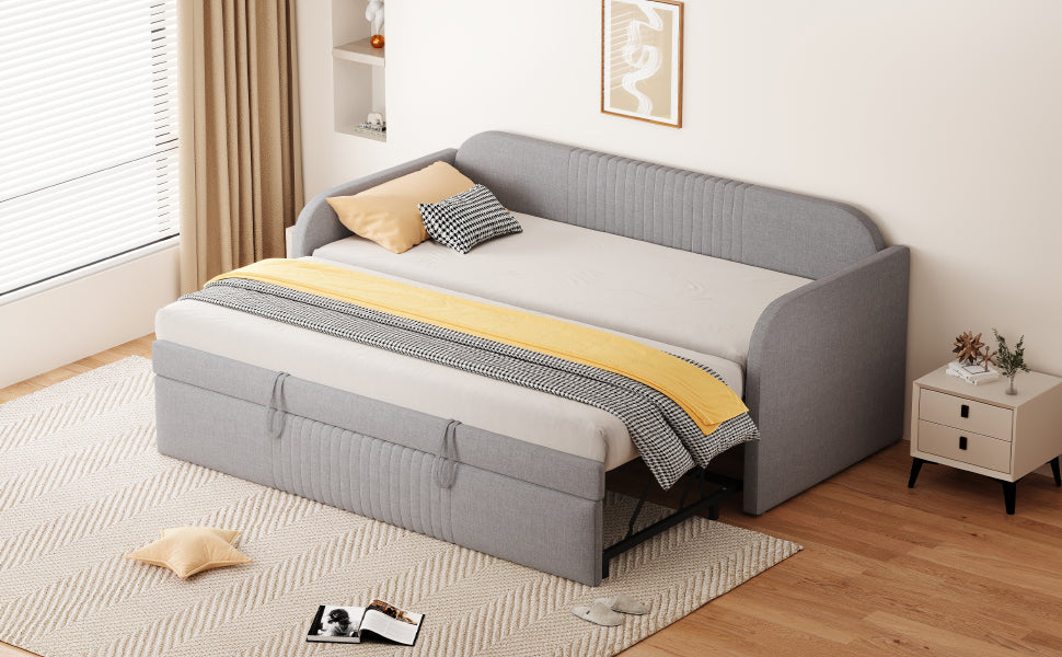 Upholstered Extendable Sofa Bed 90/180x190cm, Light Grey Linen