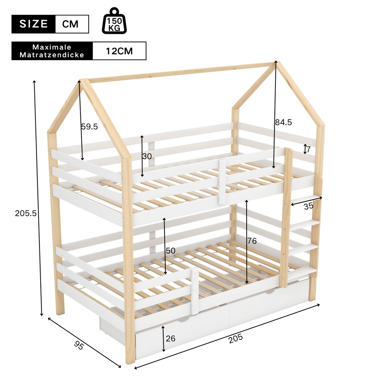 Children's House Bed 90x200cm with Large Drawers Pine Wood white+wood color
