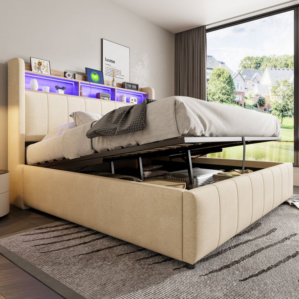 Upholstered Bed 160x200cm LED/USB, Storage, Hydraulic Lift, Beige Linen Fabric