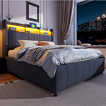 Upholstered Bed 140x200cm, LED & USB, Hydraulic Storage, Grey Linen