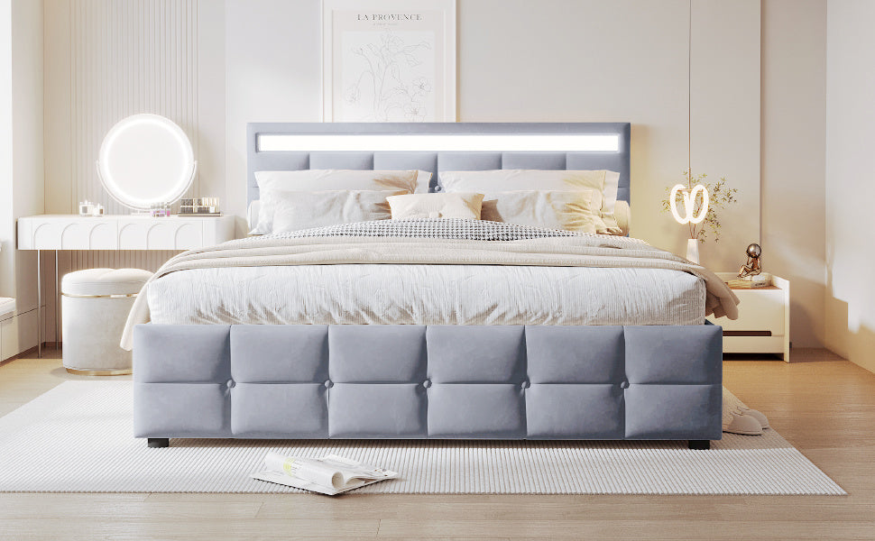 Upholstered Bed with LED Lights, Slatted Frame, Hydraulic, Dutch Velvet Fabric, Grey