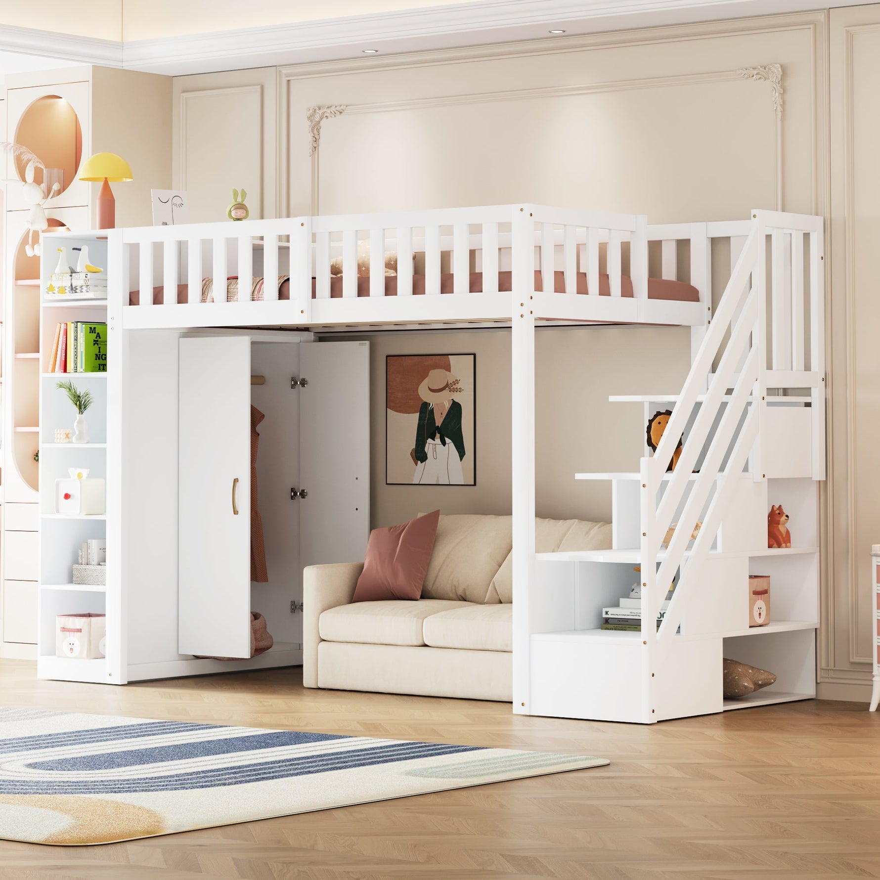 Loft Bed 90x200cm with Wardrobe Storage Cabinet Shelves & Ladder - White