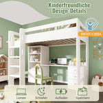 Children's Loft Bed, USB-C Desk, Wardrobe, Filing Cabinet, Stairs, Slatted Frame, Storage, 90x200