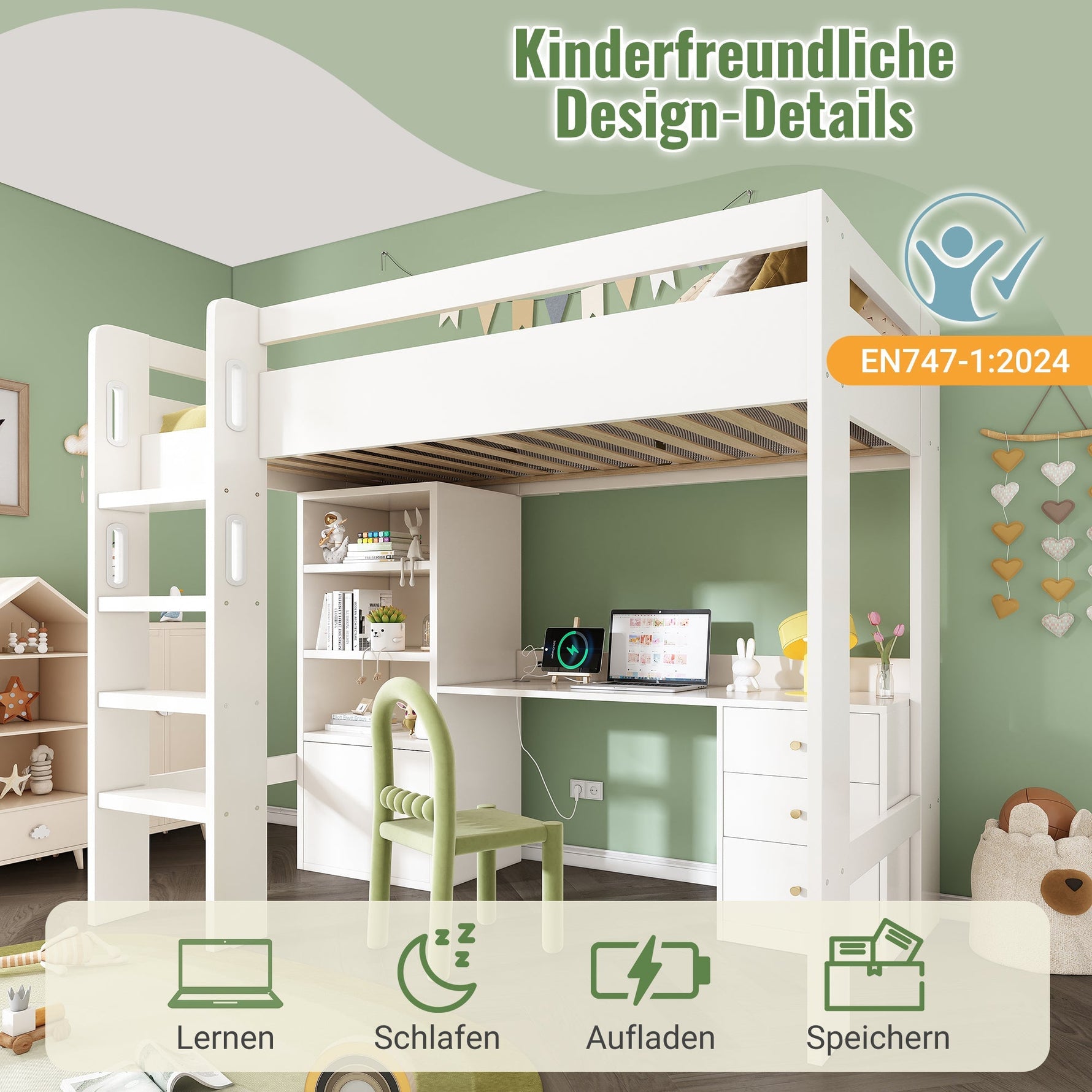 Children's Loft Bed, USB-C Desk, Wardrobe, Filing Cabinet, Stairs, Slatted Frame, Storage, 90x200