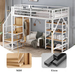 Loft Bed with Shelf, Wardrobe, Safety Railing, Iron + MDF, White/Natural 90x200cm