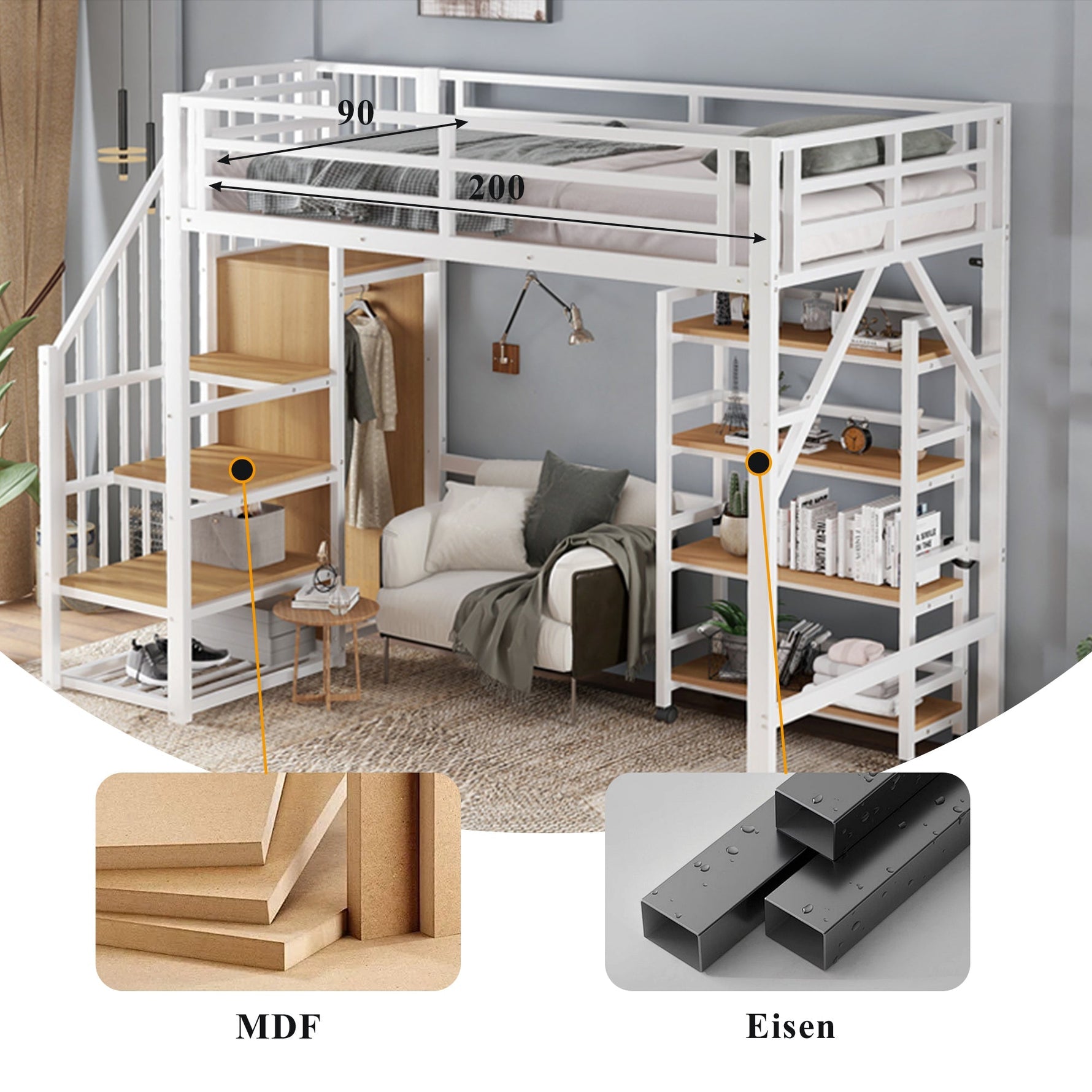 Loft Bed with Shelf, Wardrobe, Safety Railing, Iron + MDF, White/Natural 90x200cm