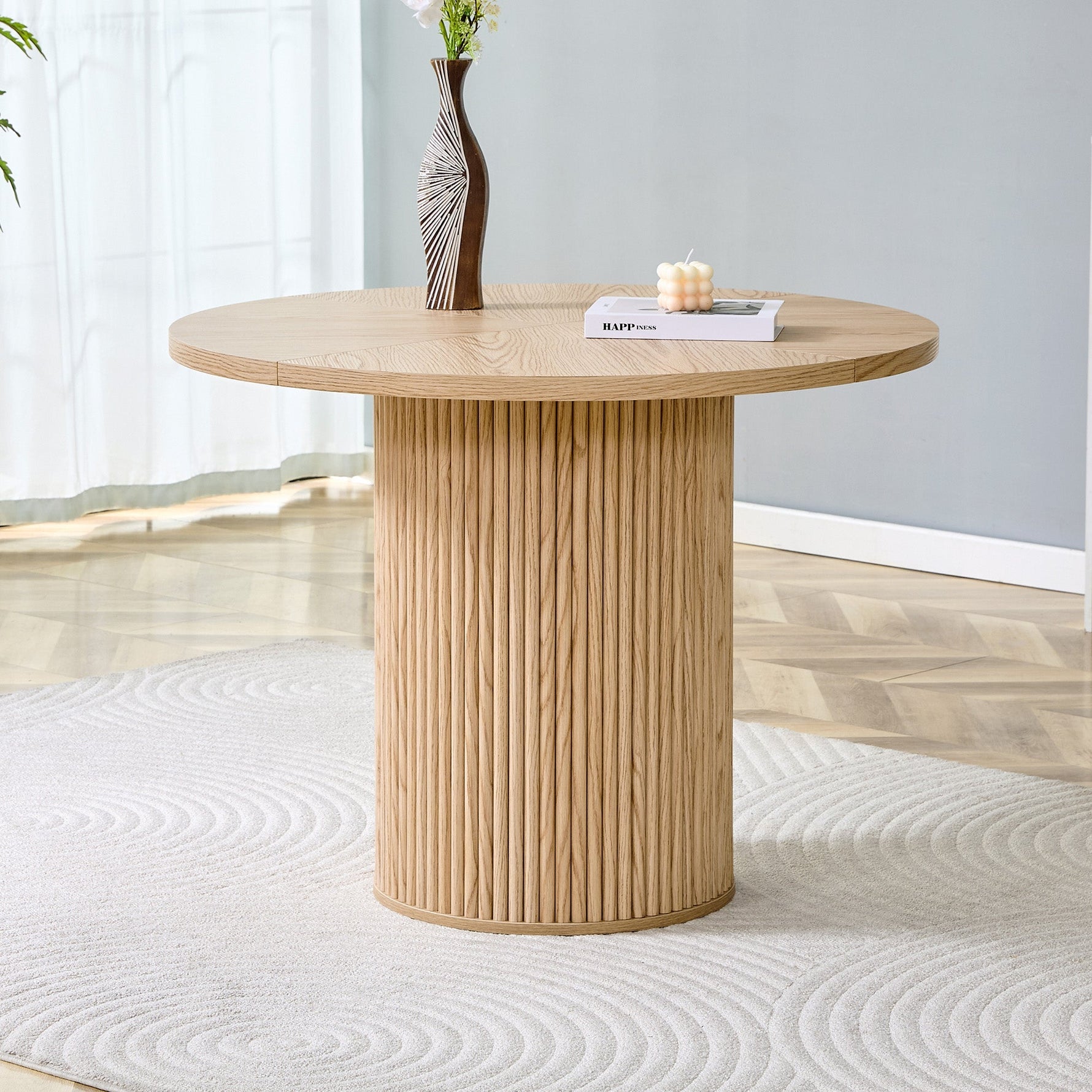 Round Dining Table 100cm MDF Storage 4-6 Seater - Light Wood Look