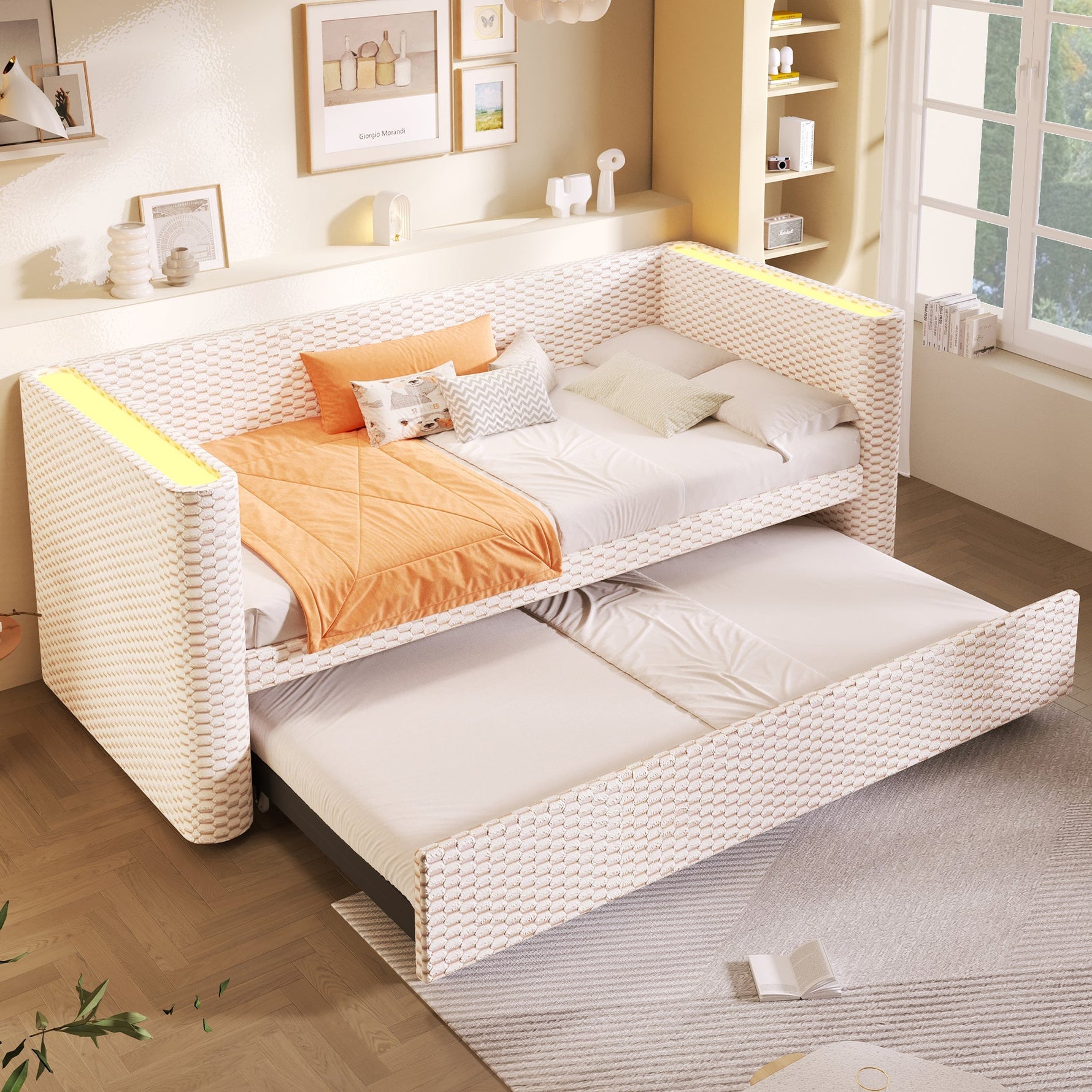 Daybed Sofa Bed 90/180x200cm Pull-out Bed Multifunctional LED Light - Velvet Beige