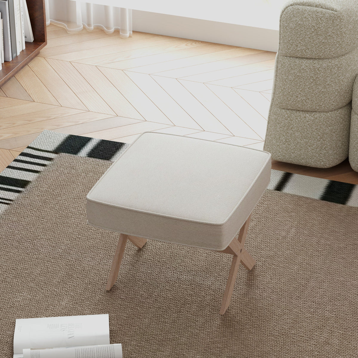 Ottoman Upholstered Bench Footstool with Padded Seat Wooden Footrest, Cream White