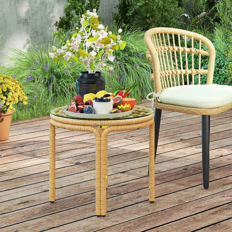 Side Table, Round Coffee Table, Glass Top, Polyrattan, Yellow