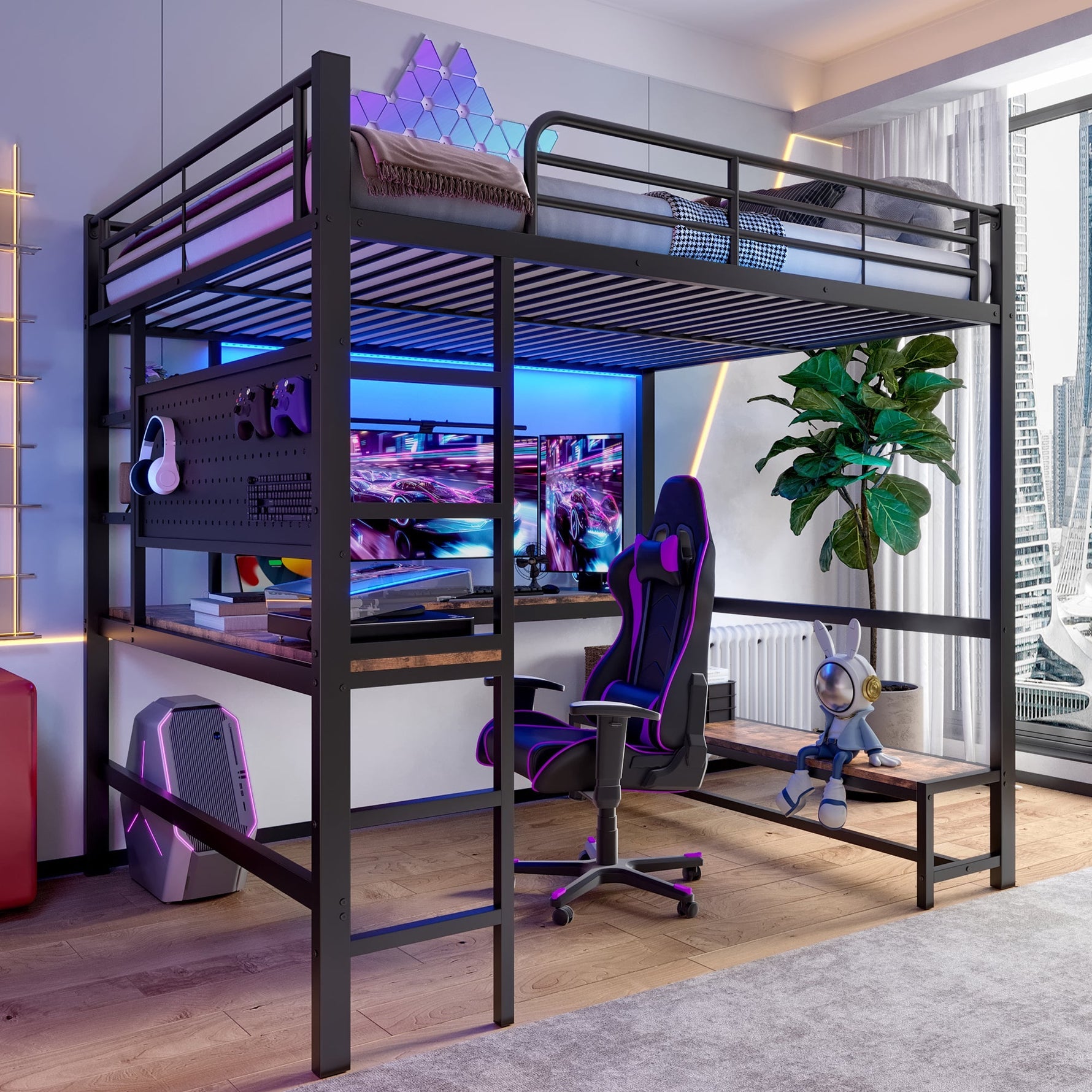 Loft Bed with Desk, USB Sockets, LED Strip and Pegboard, Black Metal Frame