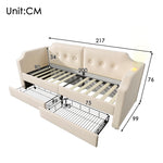 Upholstered Daybed 90x200cm with USB & 2 Drawers, Beige Velvet