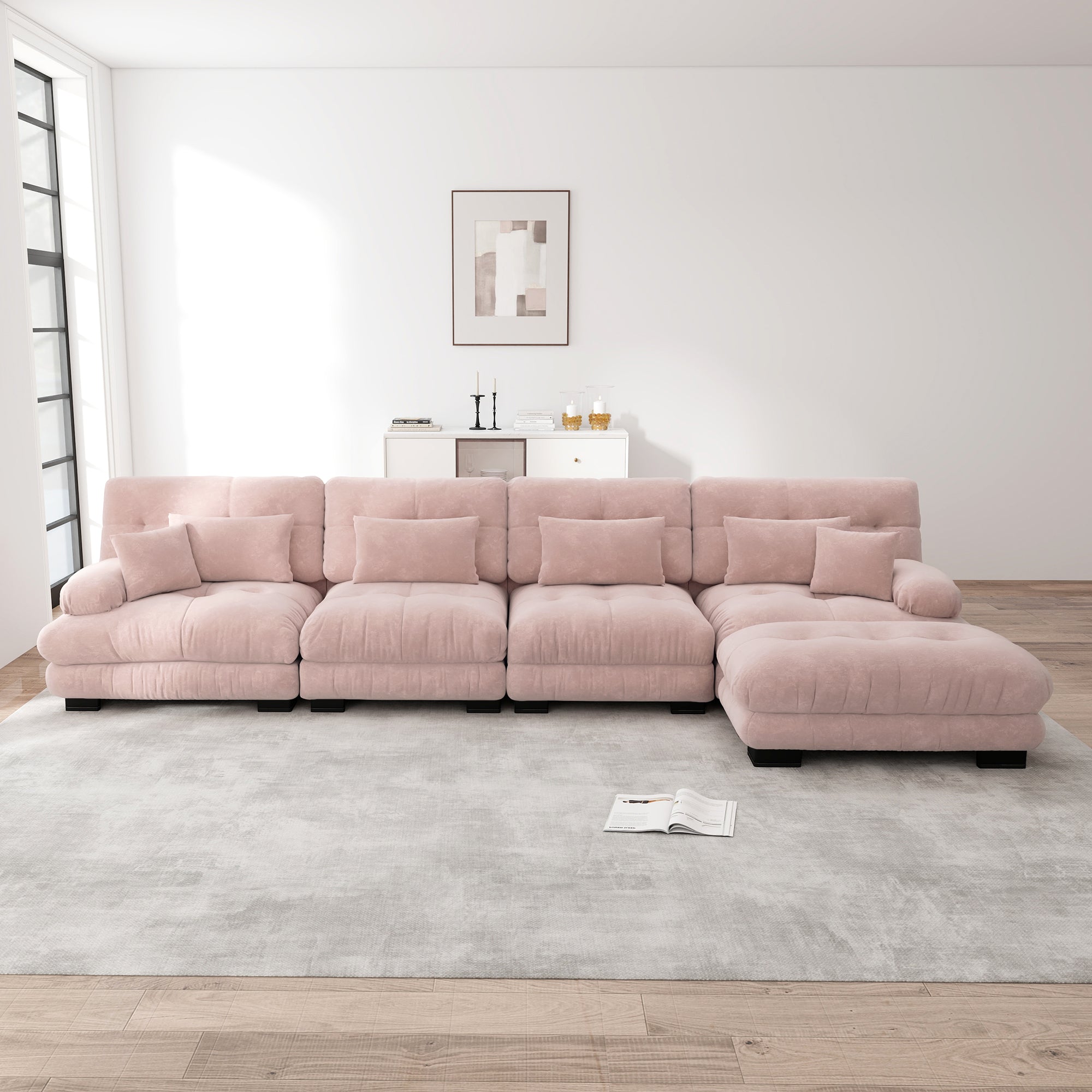 Modular Corner Sofa, L-shaped 4-Seater with Movable Ottoman, Chenille Pink