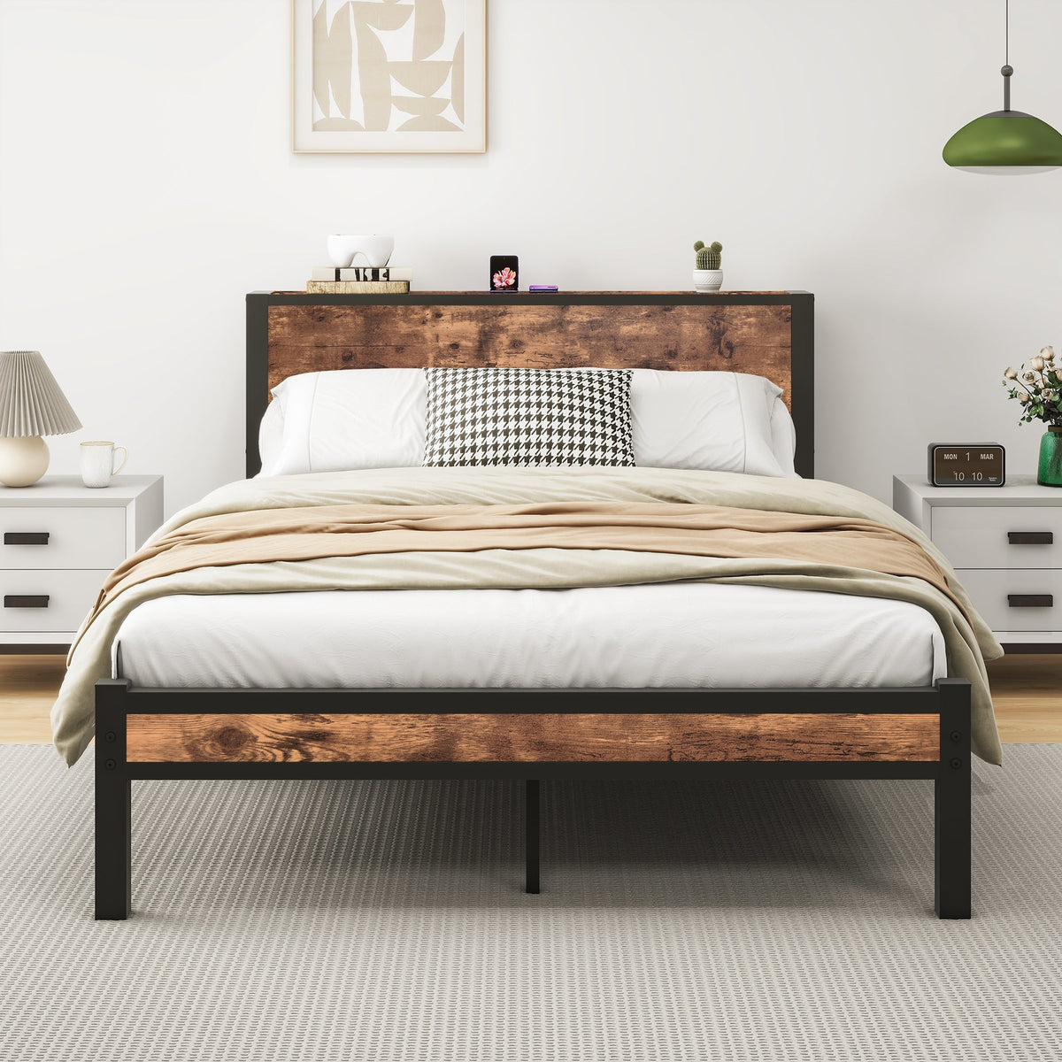 Metal Platform Bed Frame 140x200cm Storage Headboard Noiseless, Vintage Brown