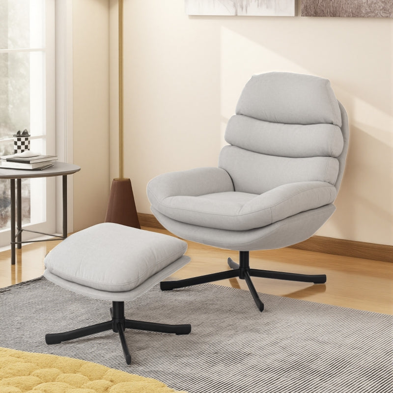 Reclining Armchair & Footstool Chenille Fabric - Cream White
