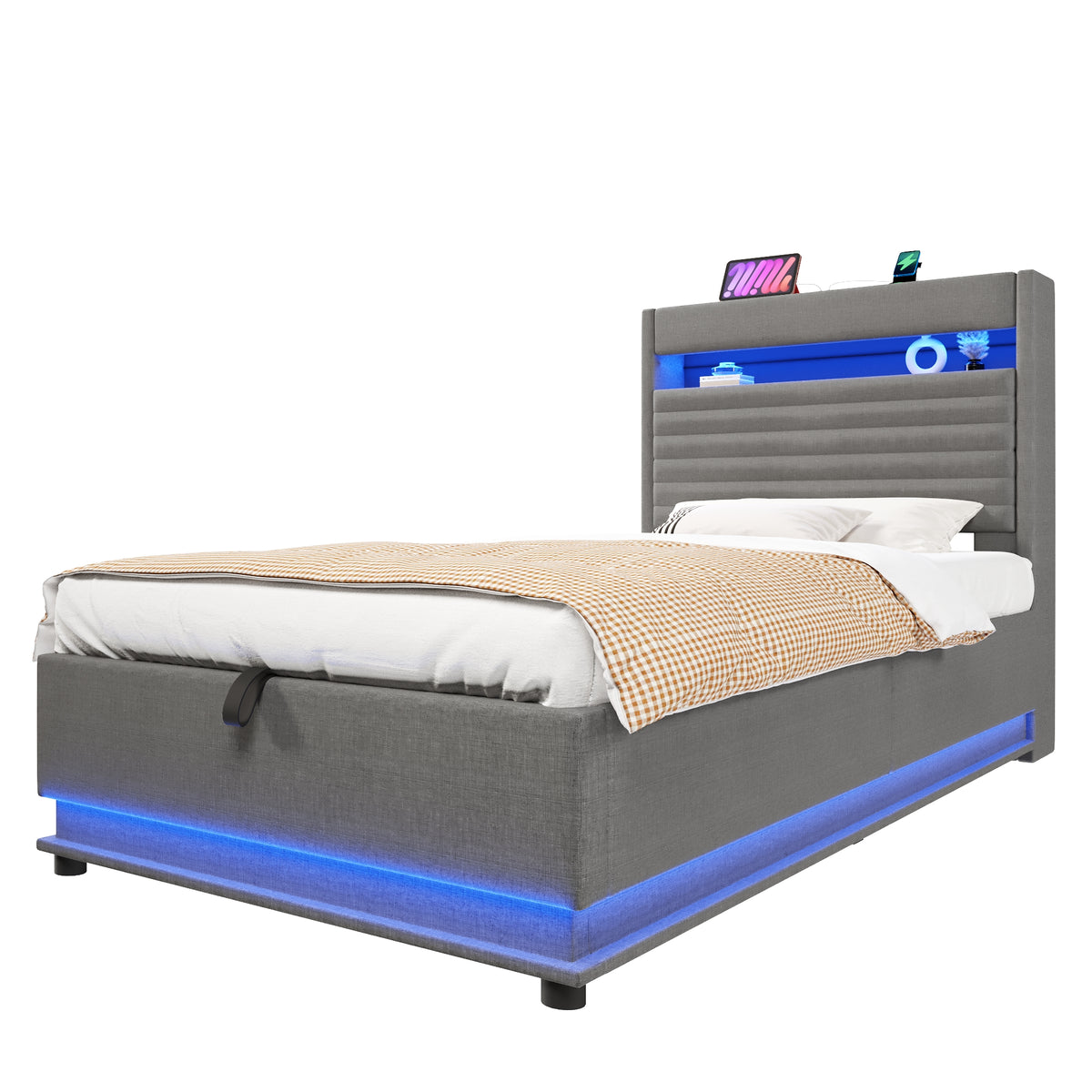 Upholstered Bed 90x200cm with LED & Storage, Grey Linen