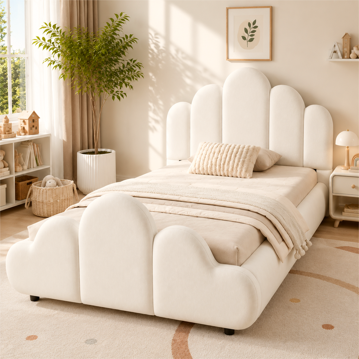 Upholstered Single Children's Bed 90x200cm - Beige Velvet