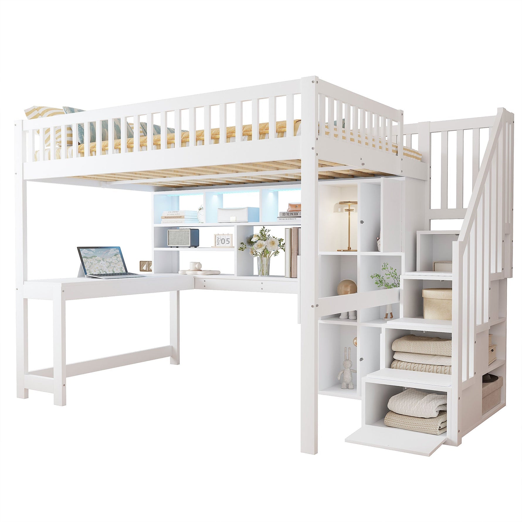 Loft Bed with LED Lights, Storage Ladder, Shelves and Desk, 140x200cm, White