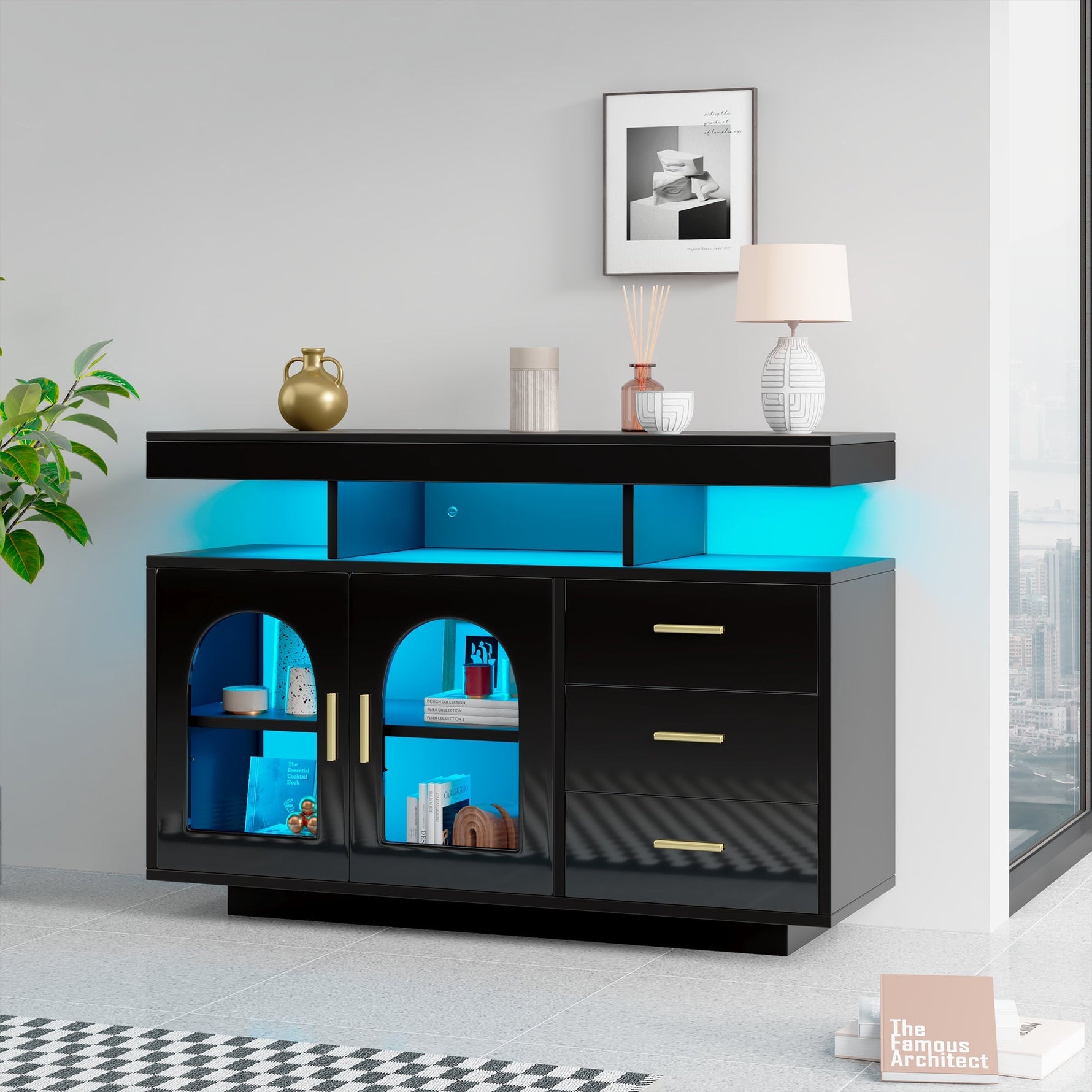 LED Sideboard Buffet Cabinet with 16-Color Lights and 3 Drawers, Black