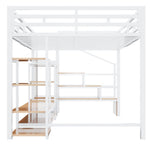 Loft Bed with TV Stand, Power Outlet and Safety Ladder, 140x200cm, White Metal and Wood