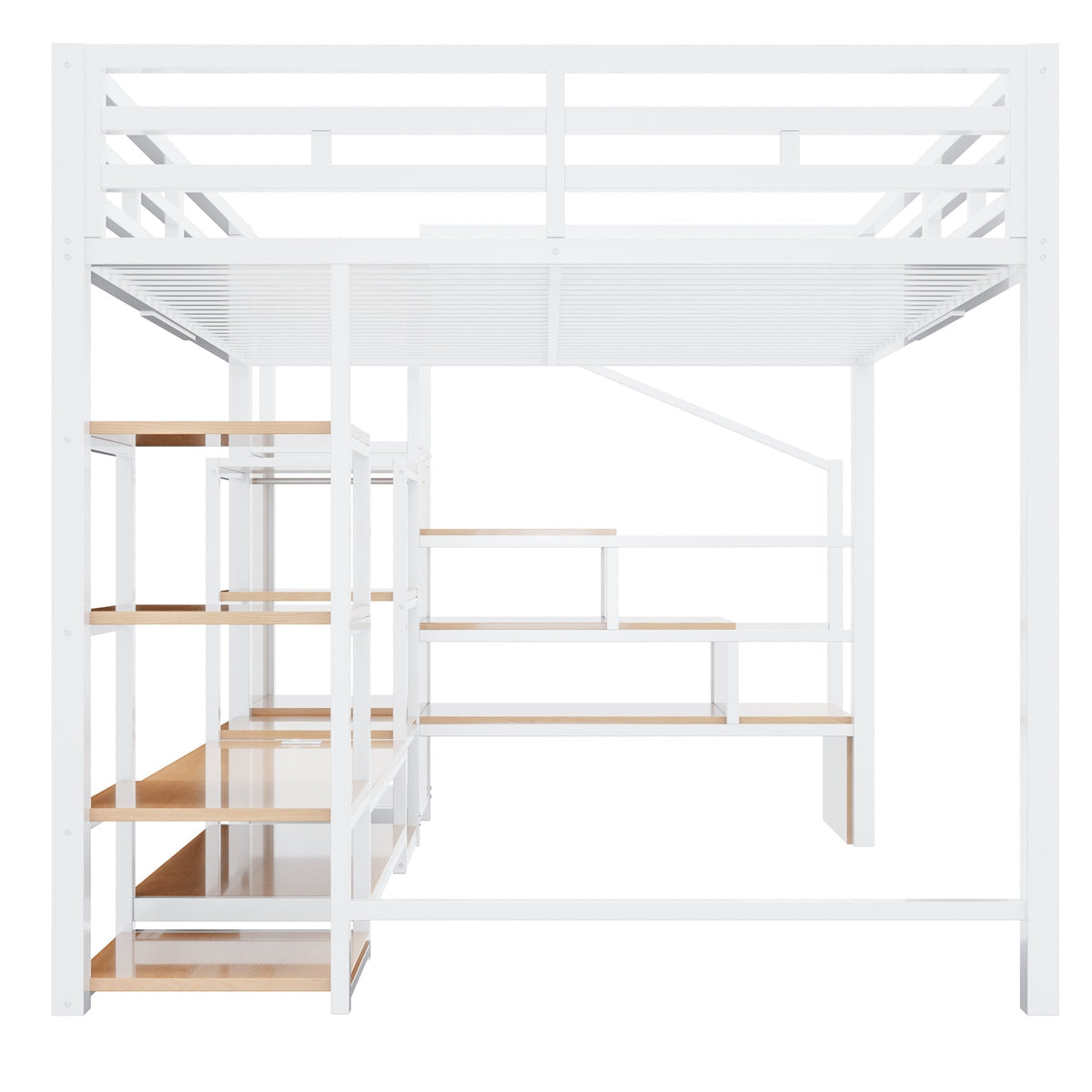 Loft Bed with TV Stand, Power Outlet and Safety Ladder, 140x200cm, White Metal and Wood