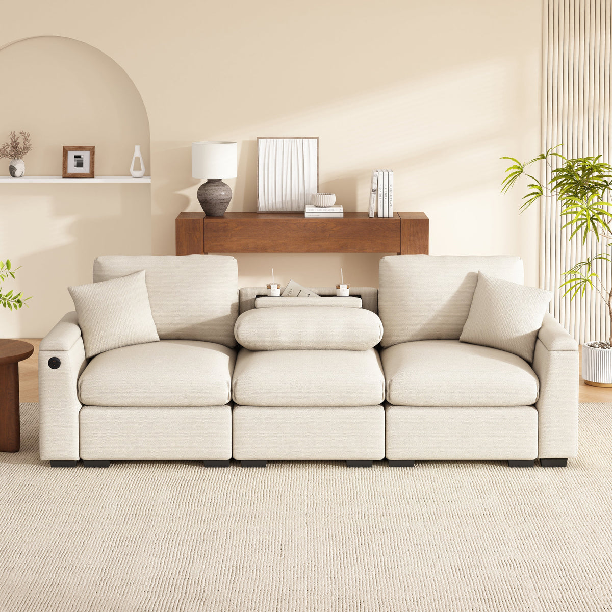 Three-seater Sofa Modern Folding Table USB Port Drink Holder Storage - Chenille