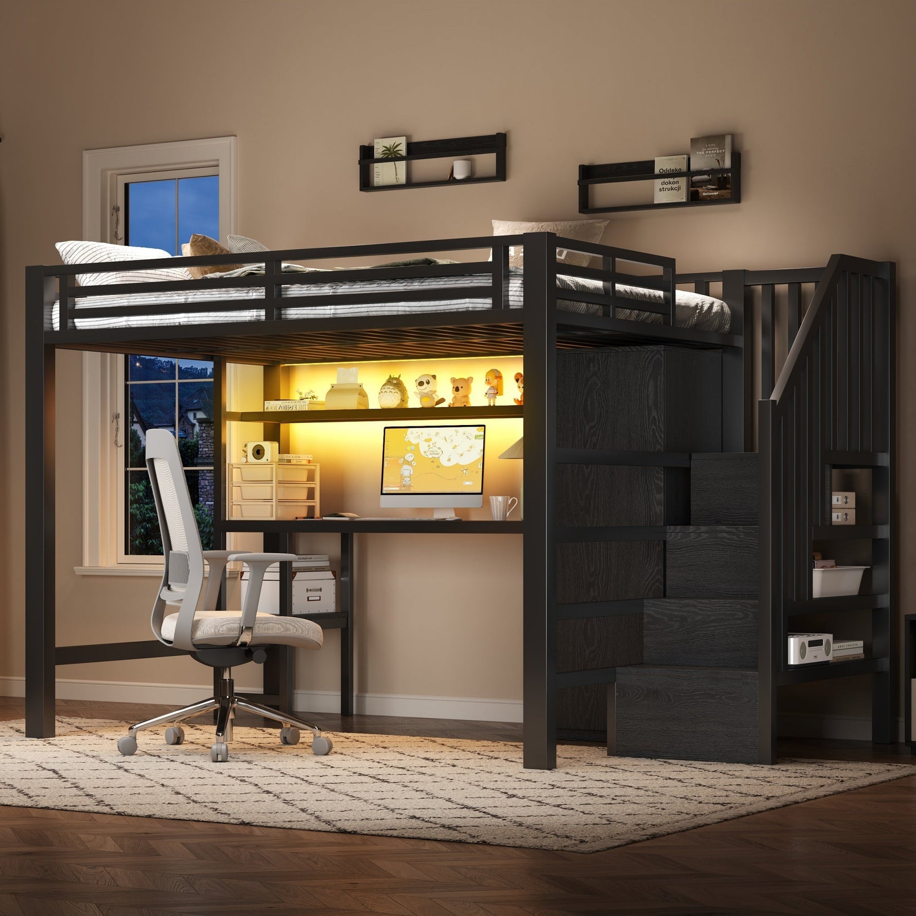 Metal Loft Bed with Desk, Shelf, Wardrobe and Storage Stairs, 140x200cm, Black Metal