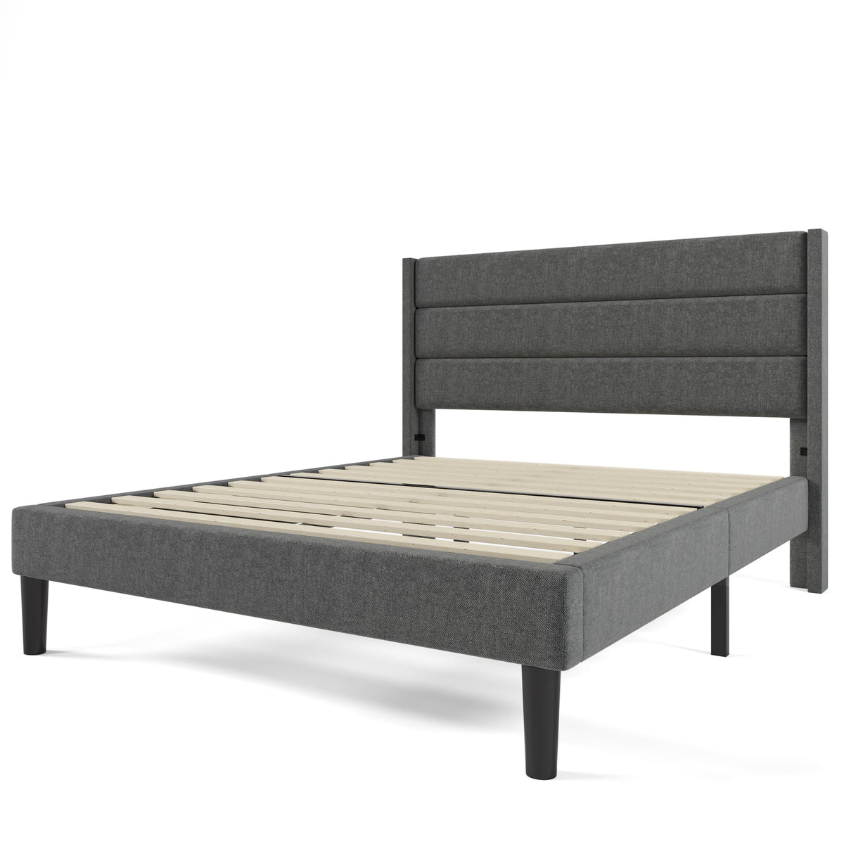 Upholstered Bed 140x200cm, with Slatted Frame & Headboard, Double Bed, Linen Dark Grey