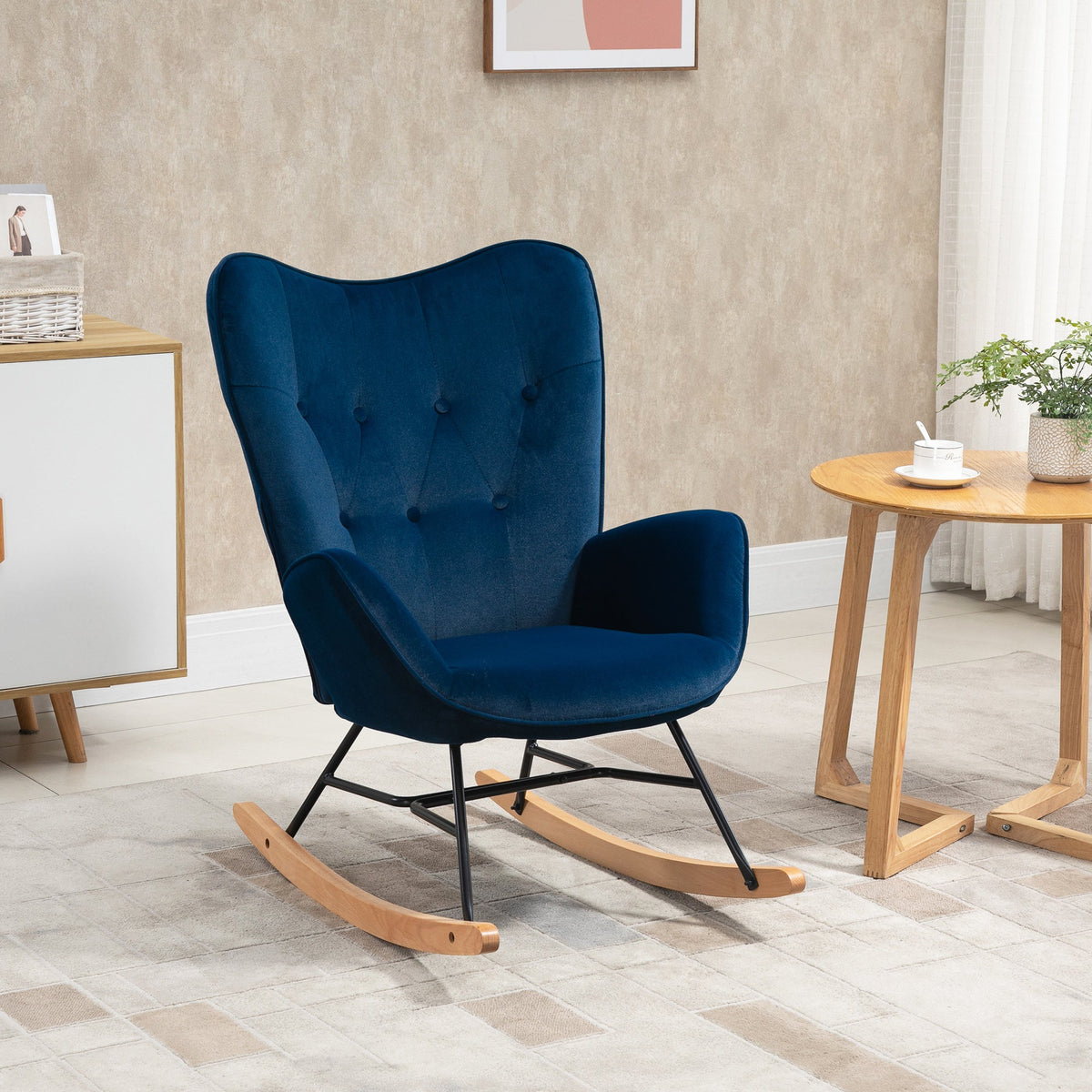 Rocking Chair with Ears, Padded, Velvet Fabric Blue