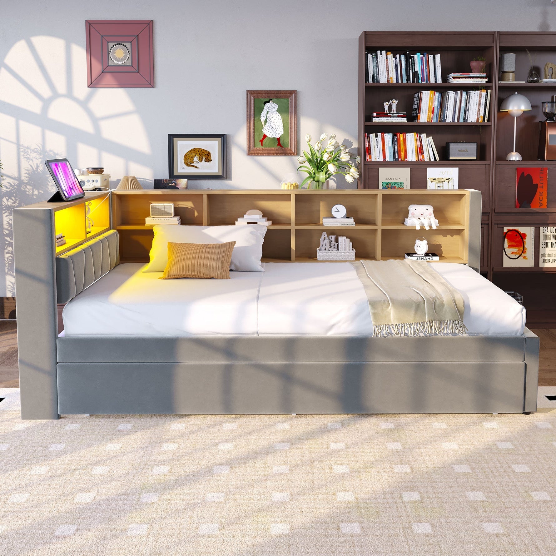Sofa Bed 90x200 Pull-out LED Storage Flannel Dark Grey