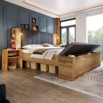 Double Bed with Mattress, Storage, Bedside Tables, Bench and USB Lamps, Oak Wood and Linen