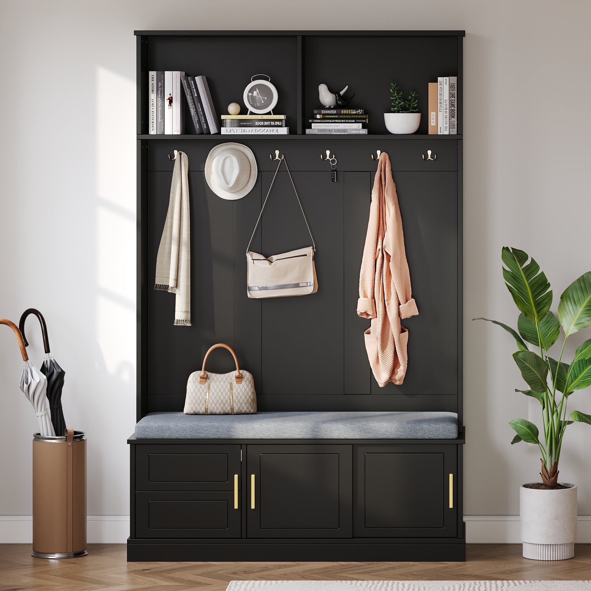 Coat rack with shoe bench wardrobe, 6 triple hooks, freestanding, space-saving, black