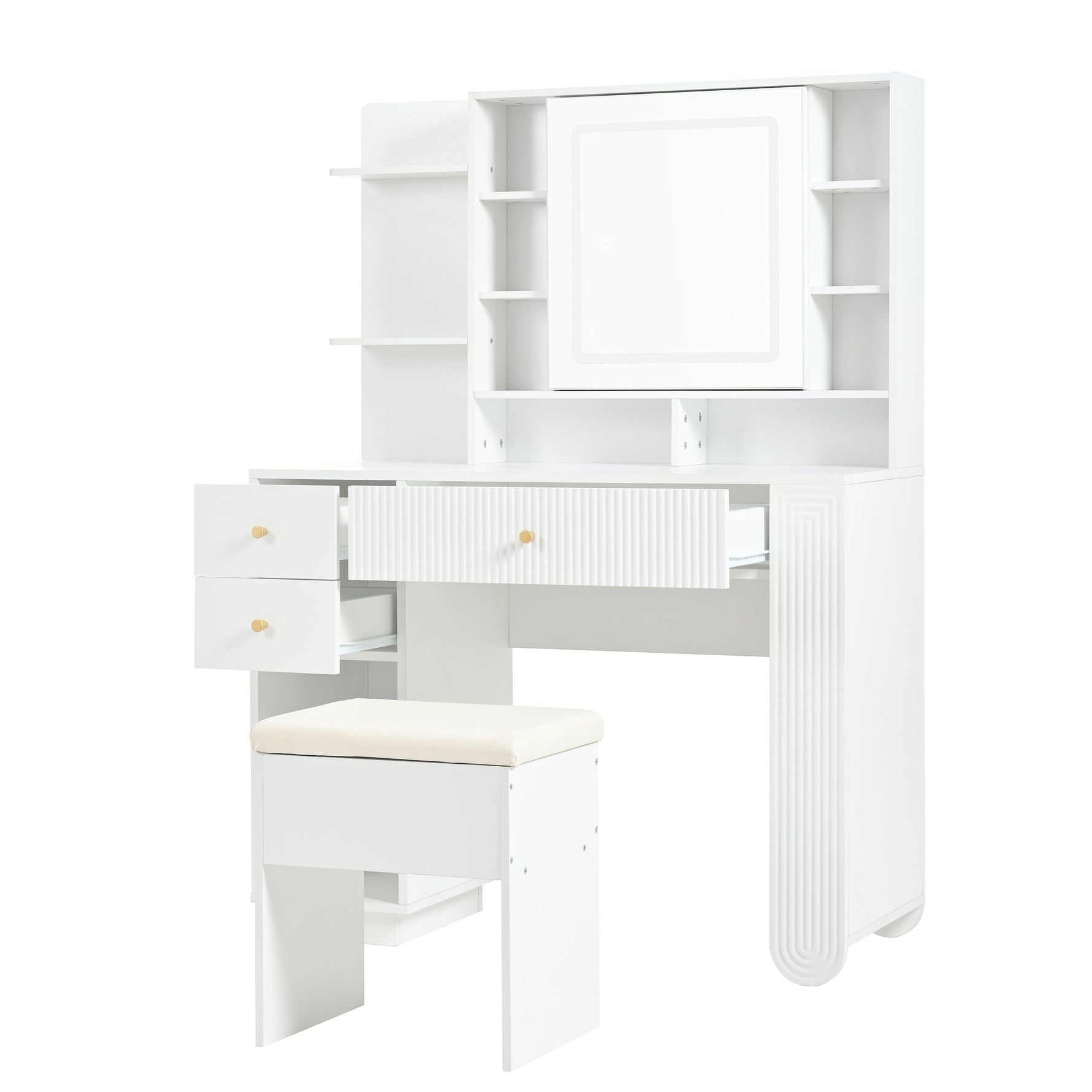 Illuminated Dressing Table with Mirror and Stool, Adjustable Brightness and Storage Drawers, White