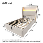Hydraulic Bed, 90x200cm Single LED Storage USB/Type-C, Linen Look Beige