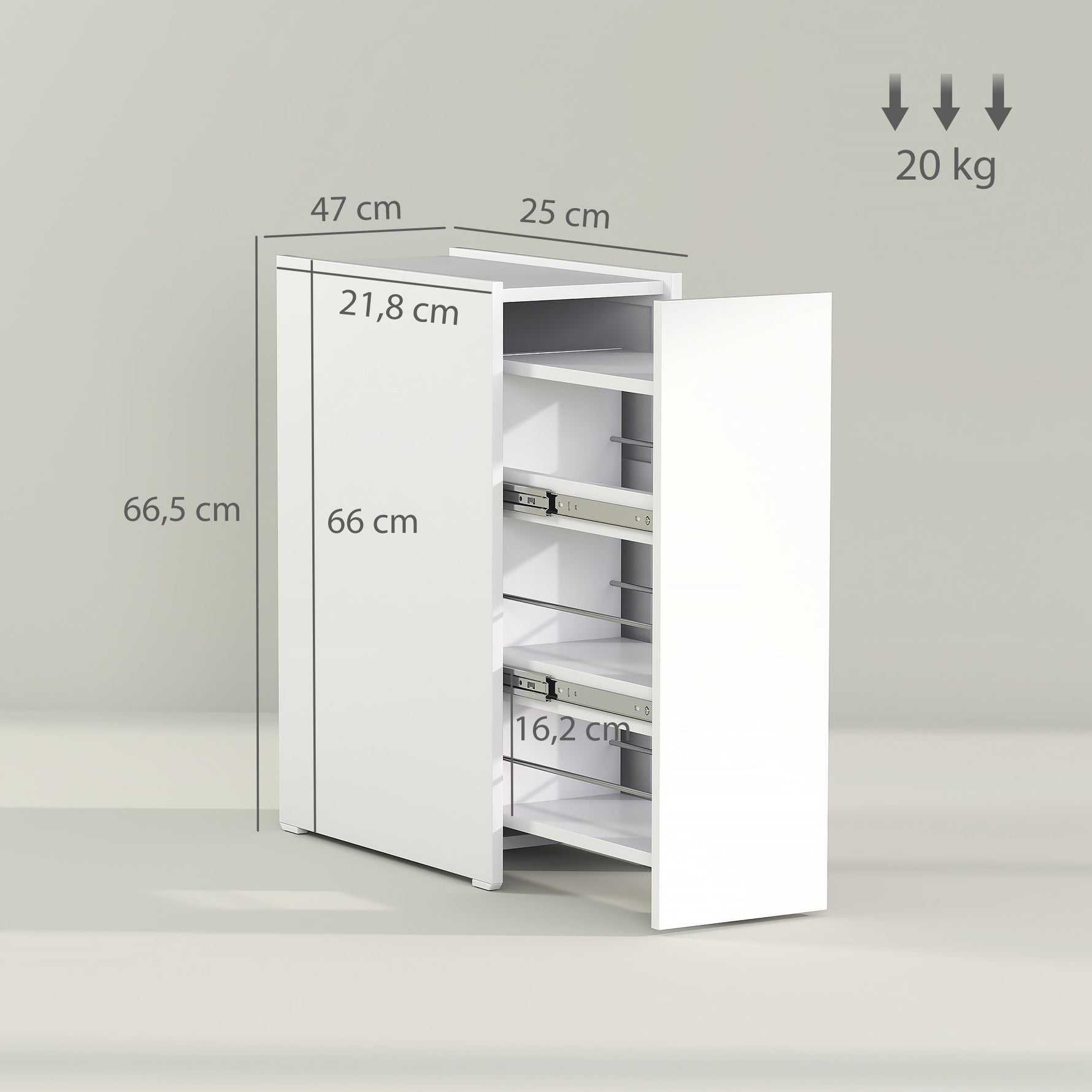 Slim Bathroom Cabinet, Wheels, 3 Deep Compartments, White