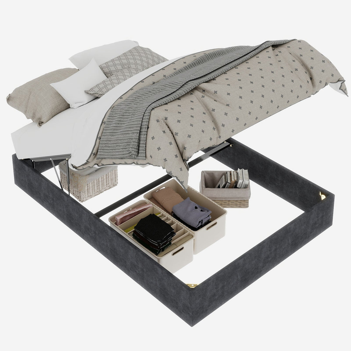Modern Minimalist Bed Frame, 140x200cm Pneumatic Rods, Gray Dutch Velvet