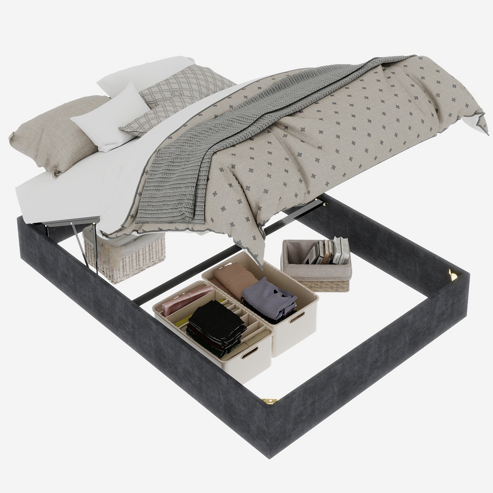 Modern Minimalist Bed Frame 140x200cm Gas Lift Storage, Dutch Velvet Gray