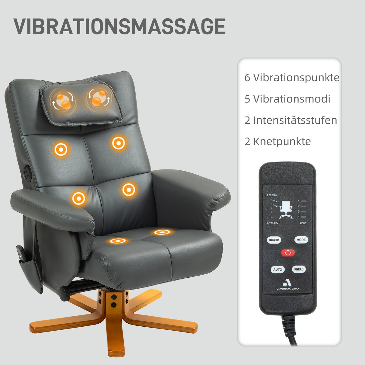 Recliner Chair with Reclining Function, Massage, Stool, Faux Leather, Dark Grey