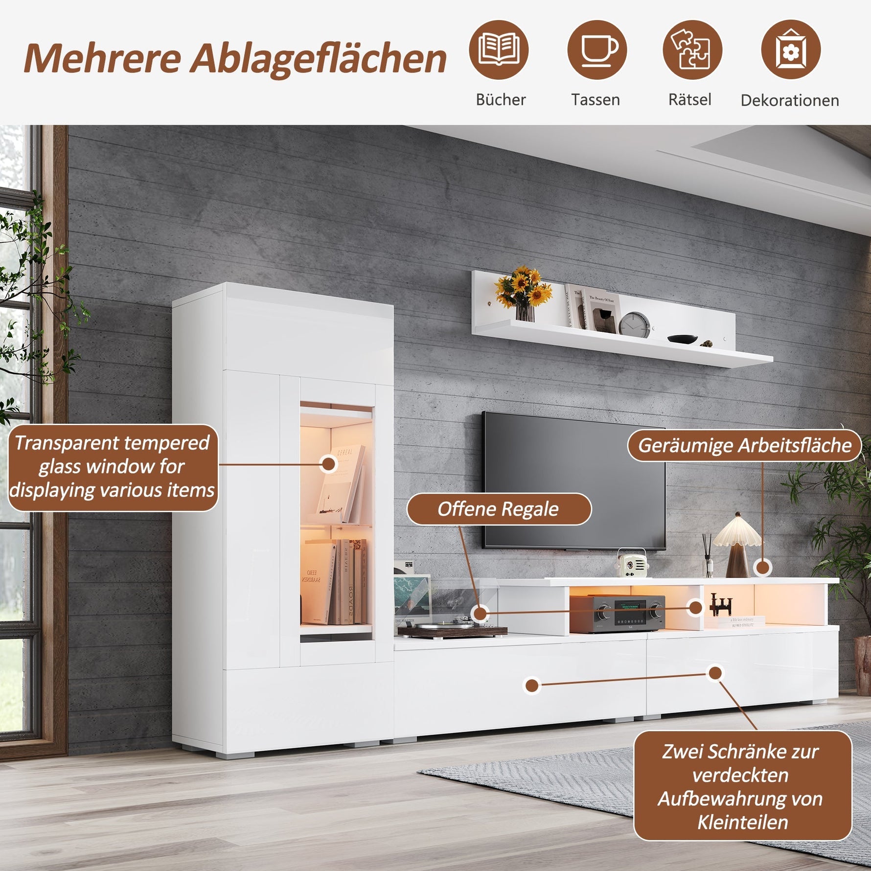 3-Piece TV Wall Unit Set with LED Lighting and High-Gloss Finish, White