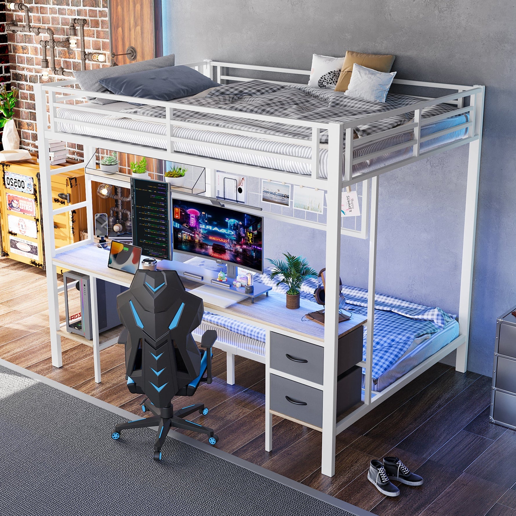 Loft Bed Desk Storage Drawers LED USB - White Iron Frame