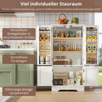 Kitchen Cabinet, LED Sensor Light, 4-Door Storage, Adjustable Shelves, White