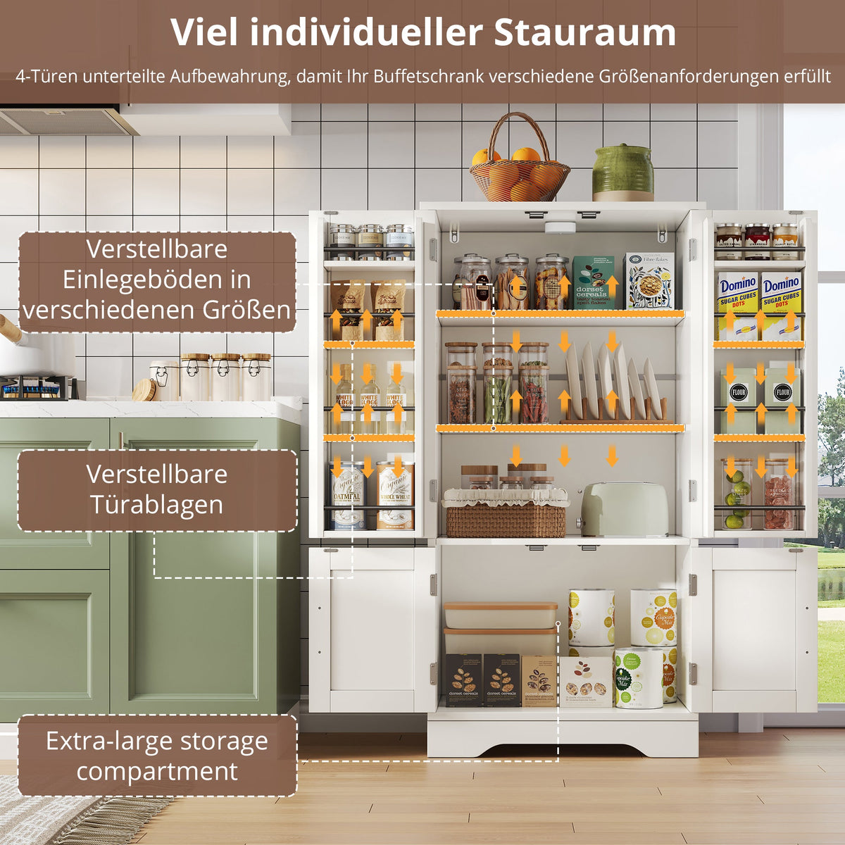 Kitchen Cabinet, LED Sensor Light, 4-Door Storage, Adjustable Shelves, White