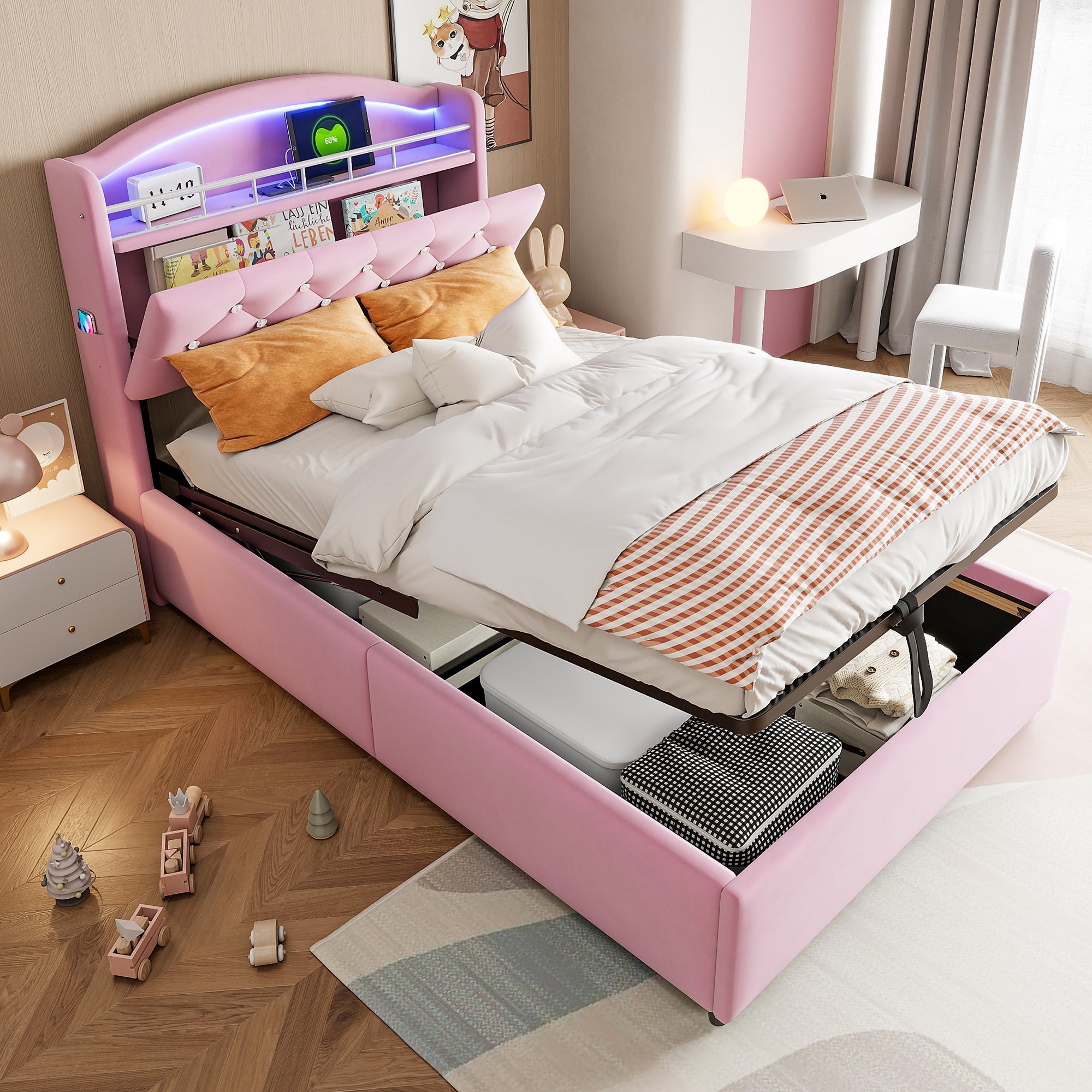 Children's Upholstered Bed, Multifunctional with Storage, LED, USB, Velvet Pink